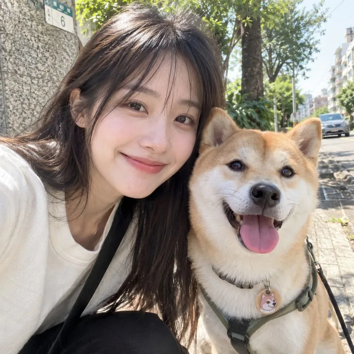 原始照片：女生與柴犬在街道自拍