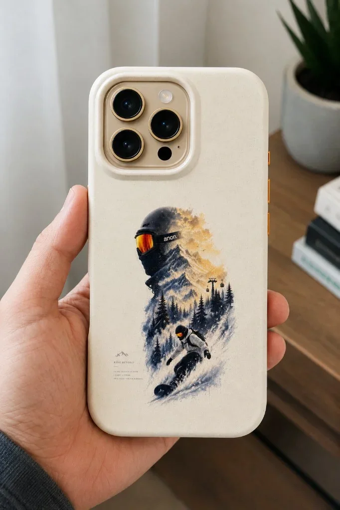 手持印有滑雪剪影插畫的客製磨砂殼