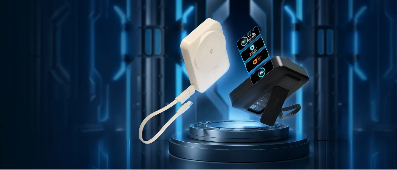 ADAM VIONTA E10 米白與黑色磁吸行動電源浮在發光底座上
