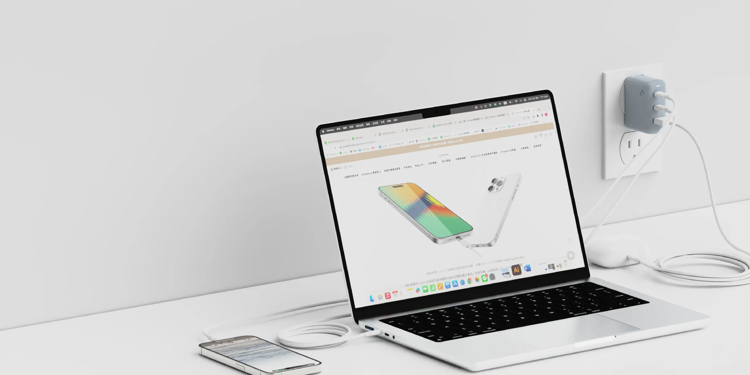 霧霾藍 Allite A1 PRO 插在牆面插座,同時為筆電與手機充電