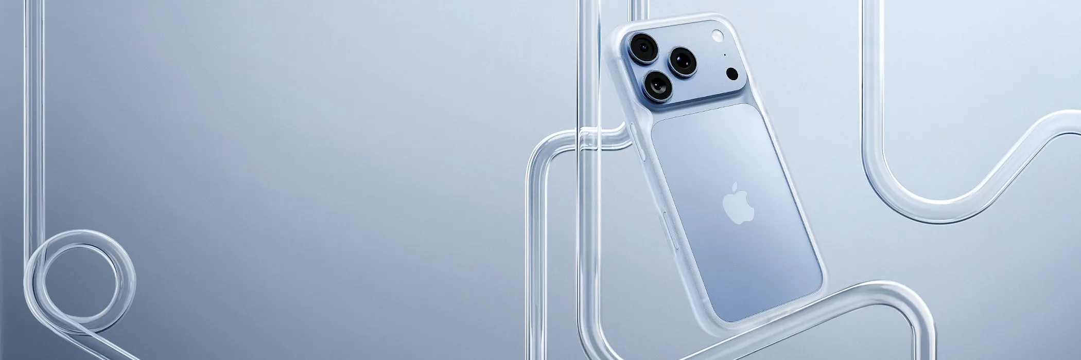 天藍色 iPhone 套著犀牛盾霧透邊框殼,掛在透明管線之間
