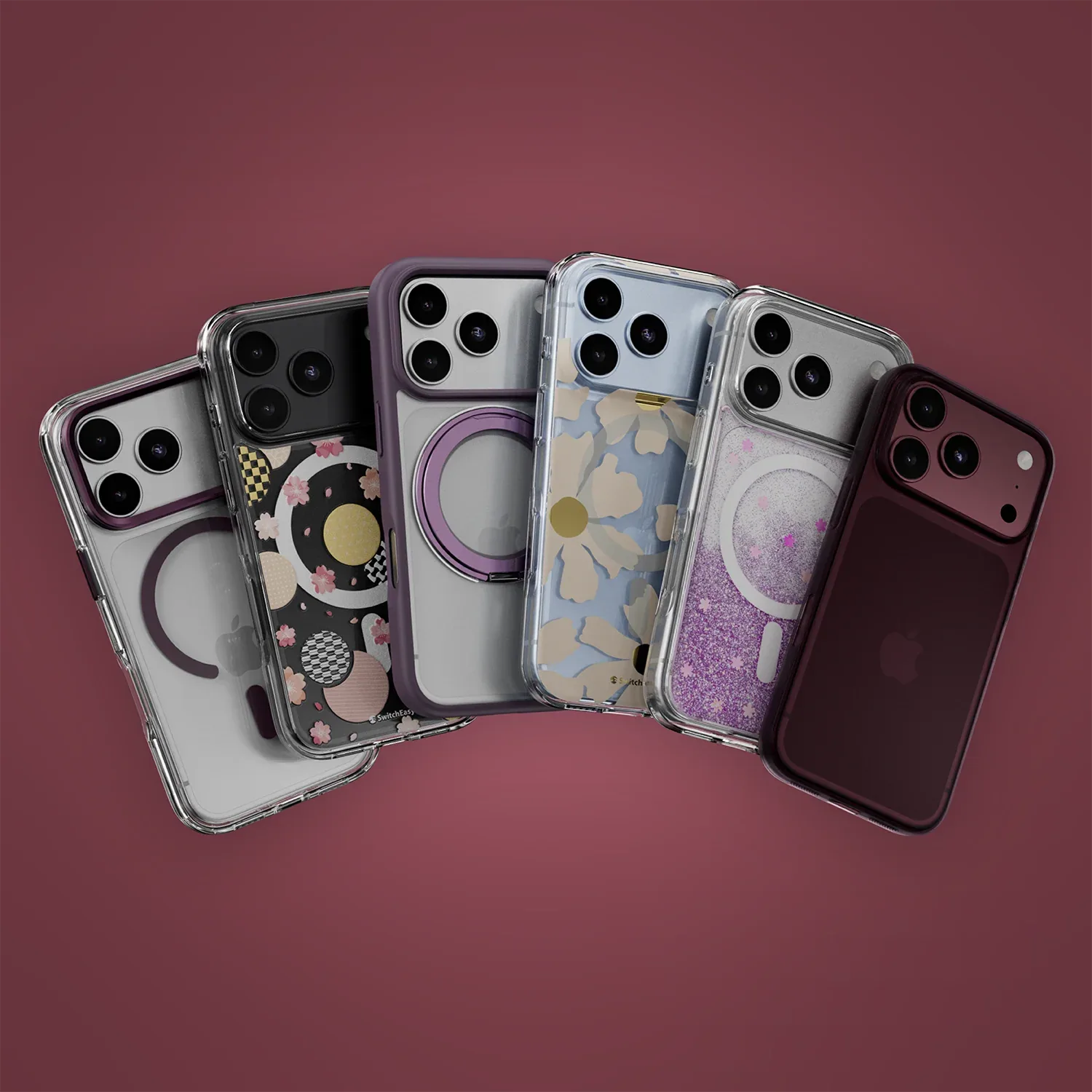 多款 SwitchEasy iPhone 保護殼扇形排列,酒紅底色