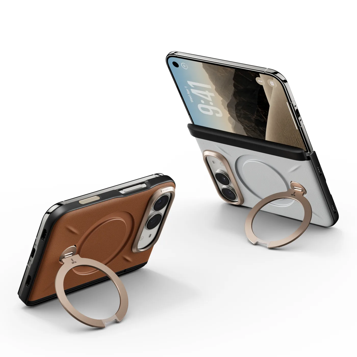 TORRAS Ostand Q3 VegSkin iPhone Duo 支架殼，展開與闔上兩種立放