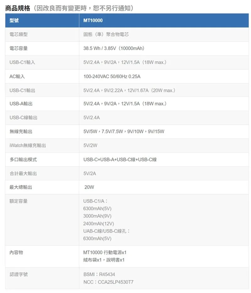 MT-10000 10000mAh 18W 多合一 說明圖 4